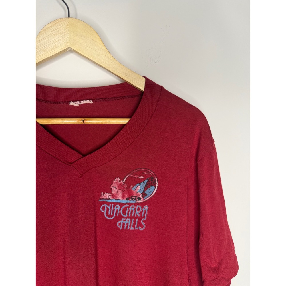 Vintage 70s 80s Niagara Falls V-Neck T-Shirt Burgundy Large Single Stitch City - Picture 4 of 6